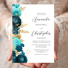 Teal Aqua Floral Gold Script Wedding Einladung
