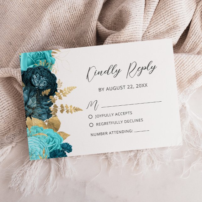 Teal Aqua Gold Floral Modern Script Wedding RSVP Karte (Von Creator hochgeladen)