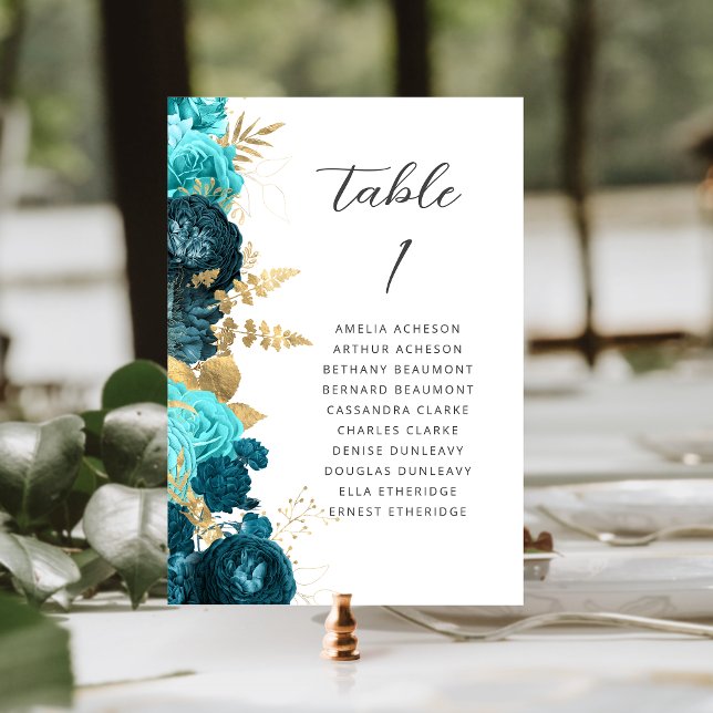 Teal Aqua Gold Floral Modern Script Wedding Tischnummer (Von Creator hochgeladen)