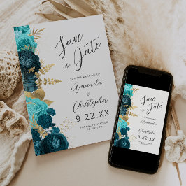 Teal Aqua Gold Floral Script Save the Date Ankündigung