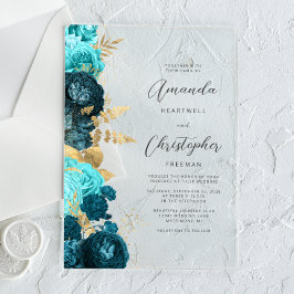 Teal Aqua Gold Floral Script Wedding Acryleinladungen