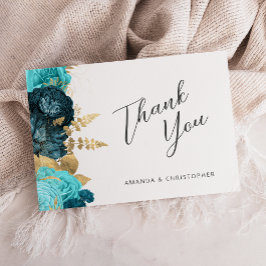 Teal Aqua Gold Floral Wedding Flat Thank You Karte