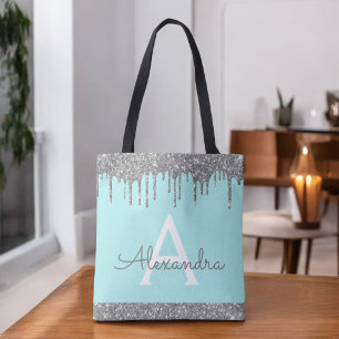 Teal Aqua Silber Glitter Glanz Elegantes Monogramm Tasche