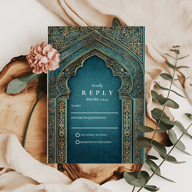 Teal Archway Islamic Wedding RSVP Karte (Von Creator hochgeladen)