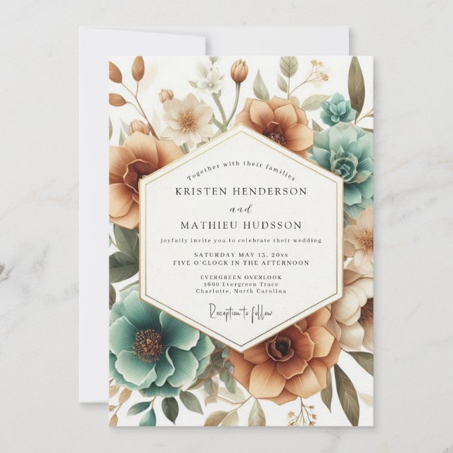 Teal Autumn Bloom Wedding Einladung (Vorderseite)