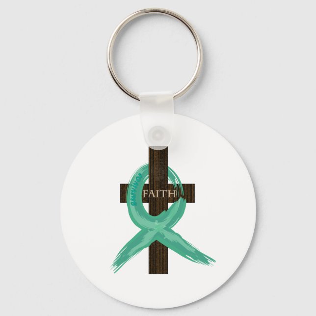 Teal Awareness Ribbon on Cross Schlüsselanhänger (Vorderseite)