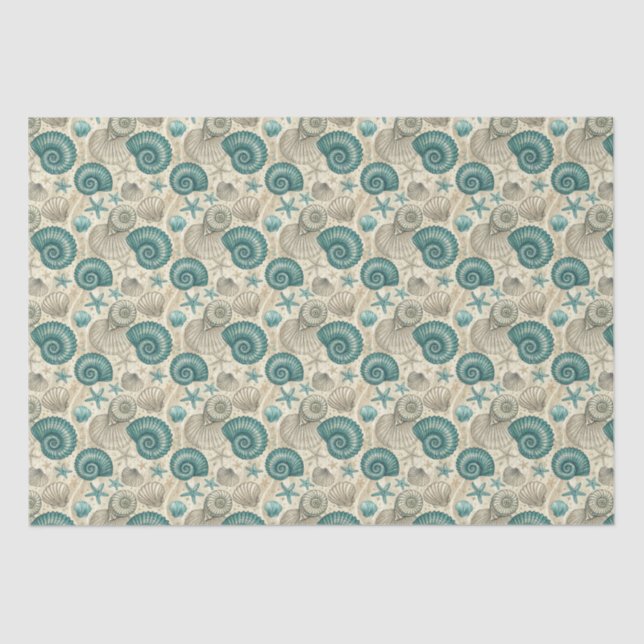 Teal & Beige Beach Shells Pattern Decoupage Seidenpapier (Vorderseite)