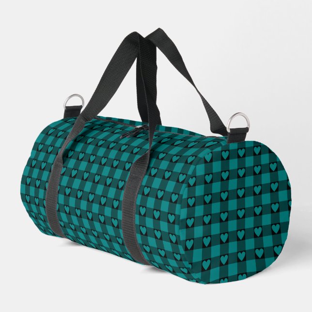 Teal Black Buffalo Heart Karo Duffle Bag (Linke Seite)