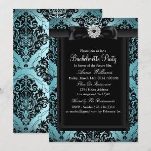 Teal & Black Chic Damast Junggesellinnenabschied Einladung