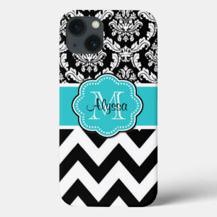 Teal Black Damask Chevron Monogram title_seo2
