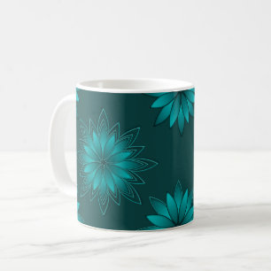 Teal-Blatt-Mandala-Design auf Dunkelcyan Kaffeetasse