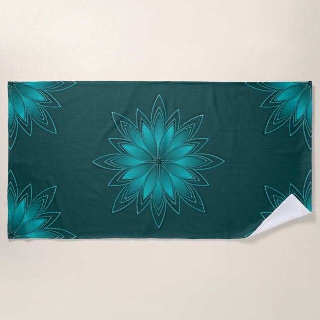 Teal-Blatt-Mandala-Design auf Dunkelcyan Strandtuch (Vorderseite)