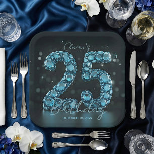 Teal Blaue Diamanten Glamouröse 25. Geburtstagsfei Pappteller