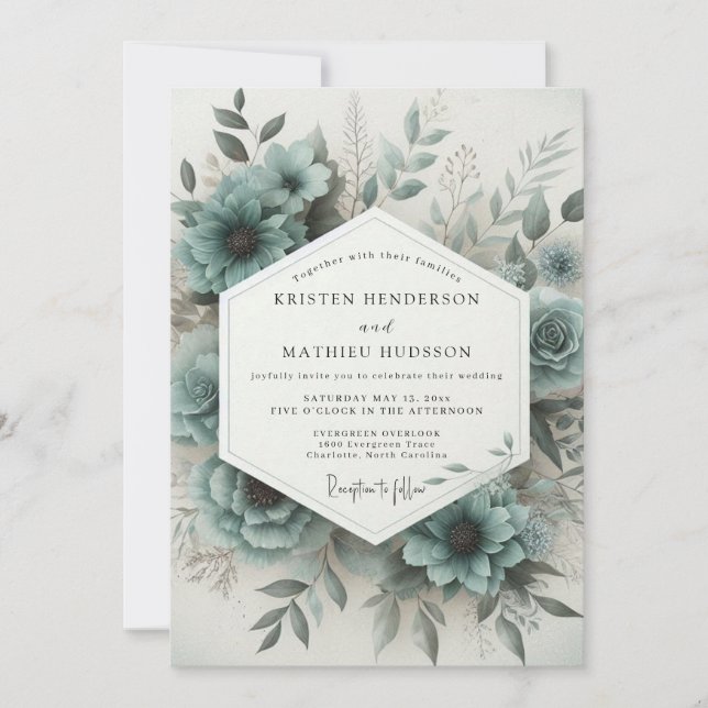 Teal Bloom Hochzeit Einladung (Vorderseite)