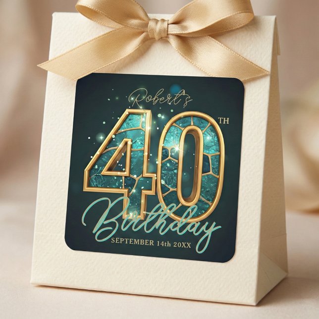 Teal Blue Agate Gold Mosaic 40th Birthday Party Quadratischer Aufkleber (Von Creator hochgeladen)