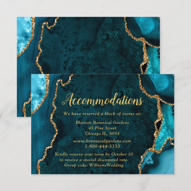 Teal Blue and Gold Agate Wedding Accommodations Begleitkarte (Vorne/Hinten)