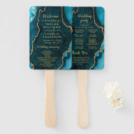Teal Blue and Gold Agate Wedding Program Fächer