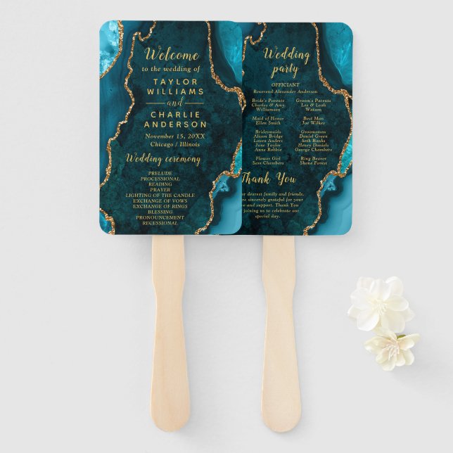 Teal Blue and Gold Agate Wedding Program Fächer (Vorne und Hinten)