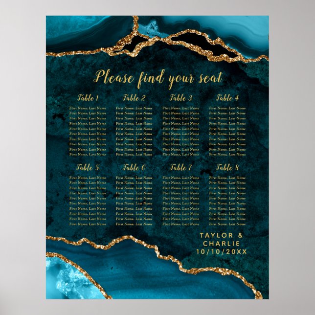 Teal Blue and Gold Agate Wedding Seating Chart Poster (Vorne)