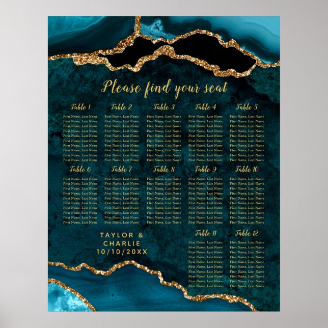 Teal Blue and Gold Agate Wedding Seating Chart Poster (Vorne)