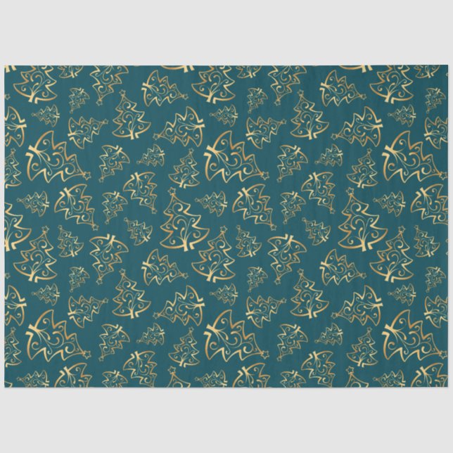 Teal Blue and Gold Elegant Christmas Trees Seidenpapier (Vorderseite)