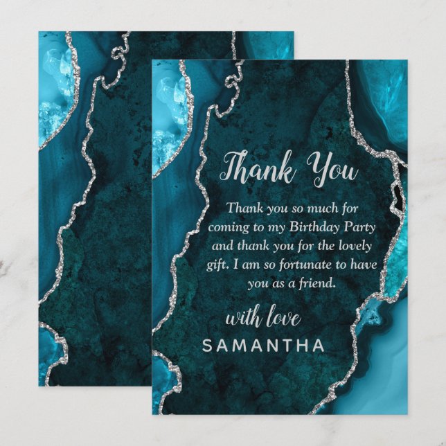 Teal Blue and Silver Agate Birthday Party Dankeskarte (Vorne/Hinten)