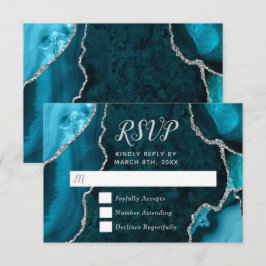 Teal Blue and Silver Agate Marble RSVP Karte