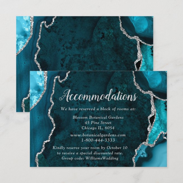 Teal Blue and Silver Agate Wedding Accommodations Begleitkarte (Vorne/Hinten)