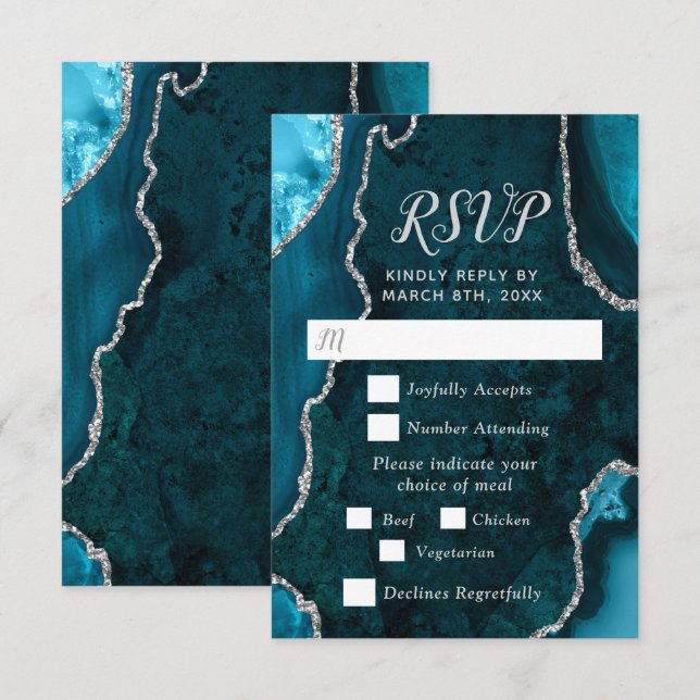 Teal Blue and Silver Agate Wedding Meal Choice RSVP Karte (Vorne/Hinten)