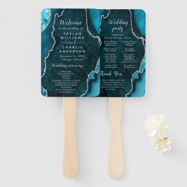 Teal Blue and Silver Agate Wedding Program Fächer (Vorne und Hinten)