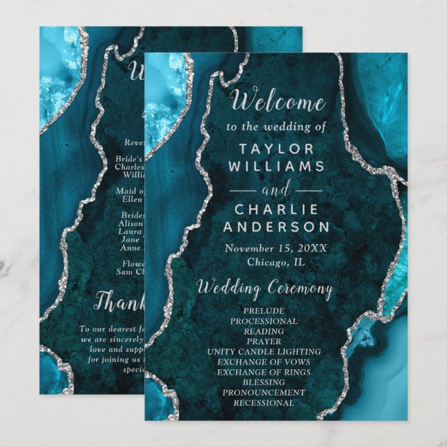 Teal Blue and Silver Agate Wedding Program Programm (Vorne/Hinten)