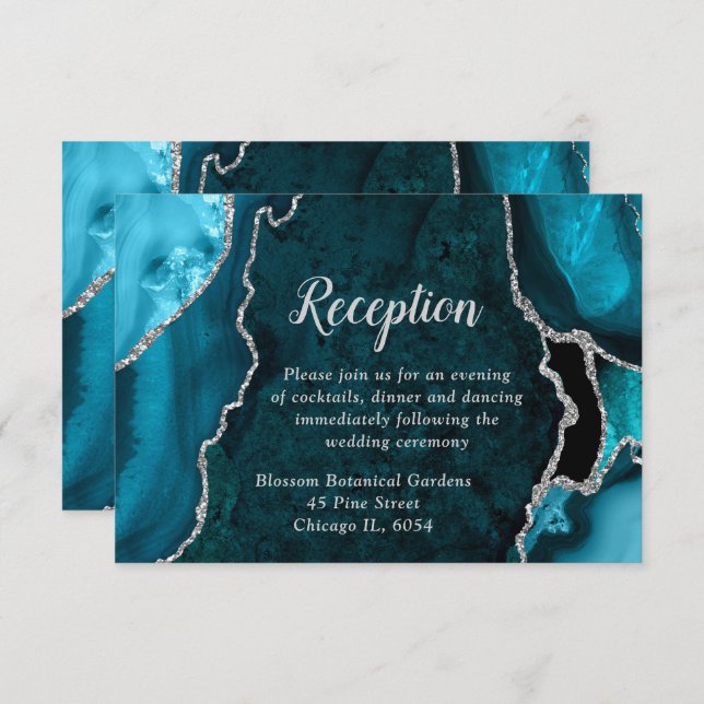 Teal Blue and Silver Agate Wedding Reception Begleitkarte (Vorne/Hinten)