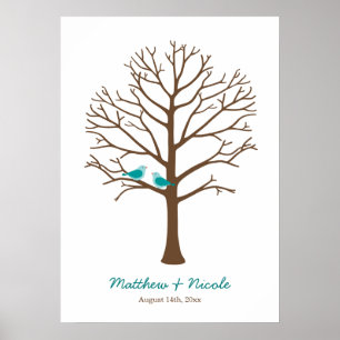 Teal Blue Brown Birds Fingerprint Tree Wedding Poster