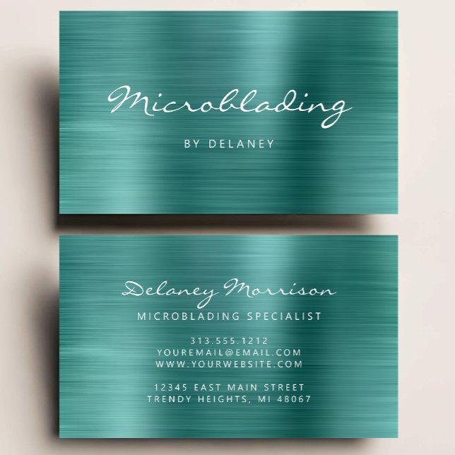 Teal Blue Brushed Metal Script Microblading Visitenkarte (Von Creator hochgeladen)