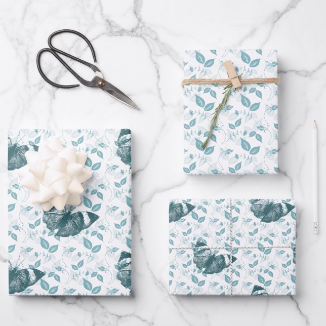 Teal Blue Butterflies Birthday Geschenkpapier Set (Vorderseite)