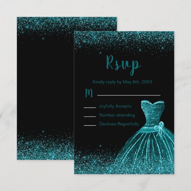 Teal Blue Dress Faux Glitter Quinceanera RSVP Karte (Vorne/Hinten)