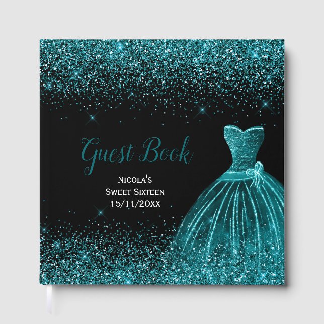 Teal Blue Dress Faux Glitter Sweet 16 Birthday Gästebuch (Vorderseite)