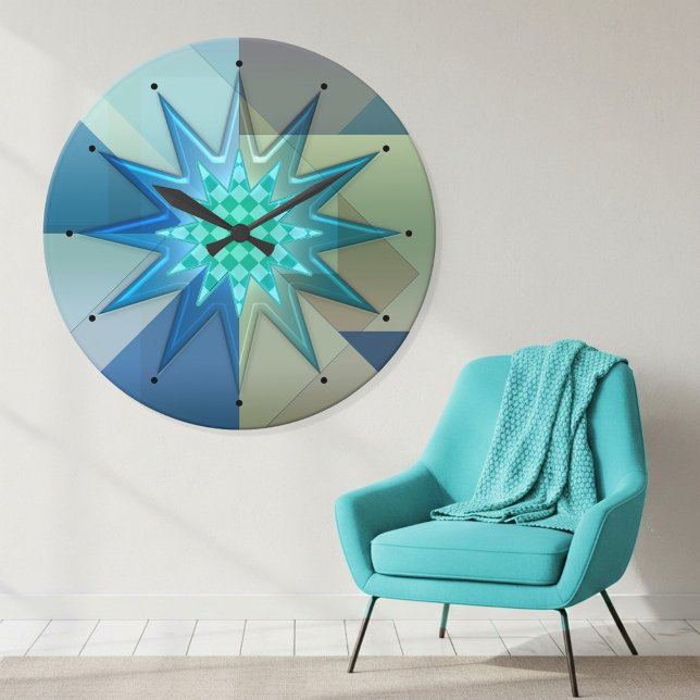 Teal Blue Geometric Harlequin  Runde Wanduhr (Wall clock showing a playful geometric design in teal and turquoise with a harlequin patterned star)