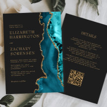 Teal Blue Gold Agate QR Code Wedding