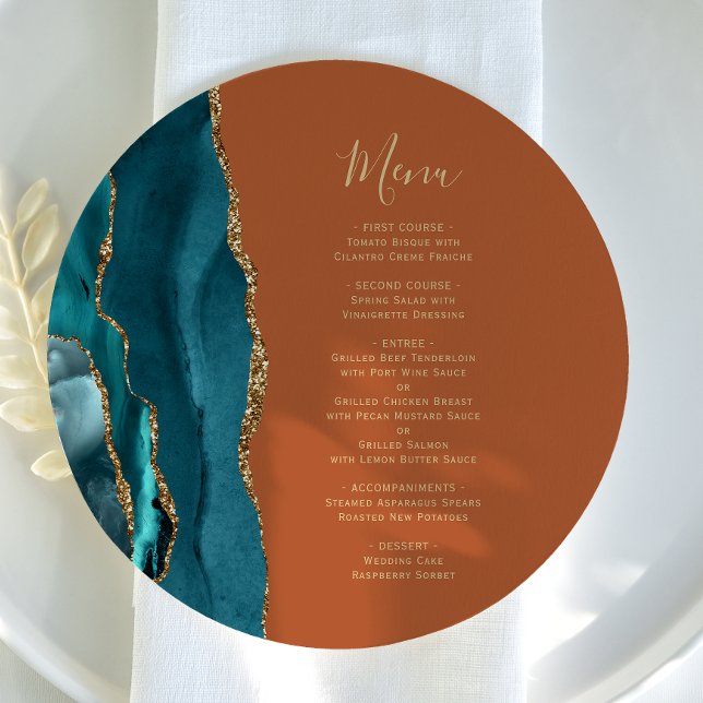 Teal Blue Gold Agate Rust Round Plate Wedding Menu Menükarte (Von Creator hochgeladen)