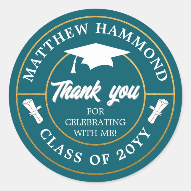 Teal Blue Graduating Class Thank You Grad Cap Runder Aufkleber (Vorderseite)