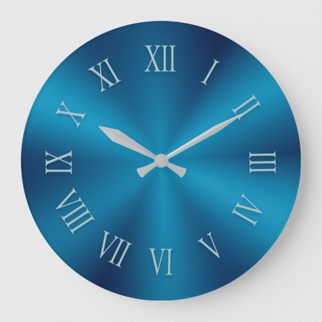 Teal Blue Metallic Clock and Pattern Roman Numbers Große Wanduhr (Vorderseite)