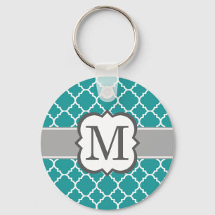 Teal Blue Monogram Letter M Quatrefoil Schlüsselanhänger