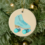 Teal Blue Retro Quad Roller Skate Photo Keramik Ornament<br><div class="desc">Show them how you roll! This custom Christmas ornament features a realistic style illustration of a classic quad roller skate in teal against a tan background on the front. It's ready to be personalized with a name in coordinating script lettering on the side of the skate. The reverse side is...</div>