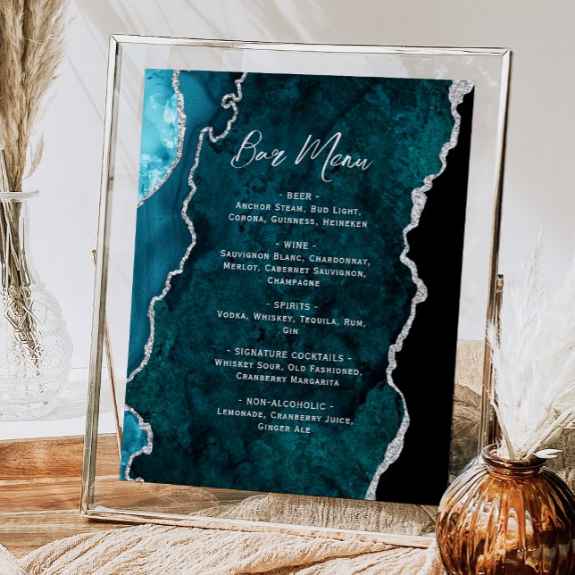 Teal Blue Silver Agate Script Wedding Bar Menu  Poster (Von Creator hochgeladen)