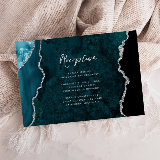 Teal Blue Silver Agate Script Wedding Reception Begleitkarte (Von Creator hochgeladen)