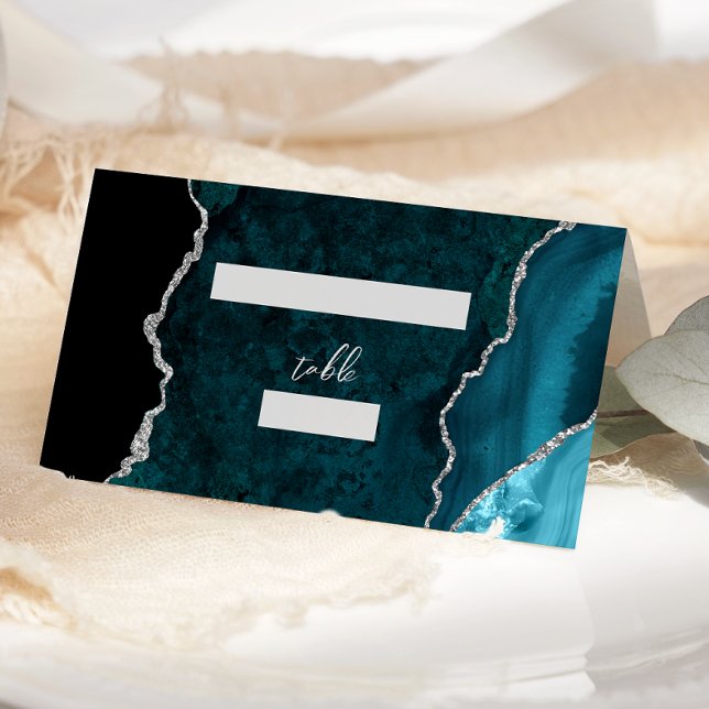 Teal Blue Silver Agate Script Wedding Table Platzkarte (Von Creator hochgeladen)
