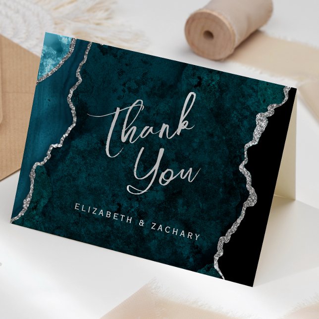 Teal Blue Silver Agate Script Wedding Thank You Karte (Von Creator hochgeladen)