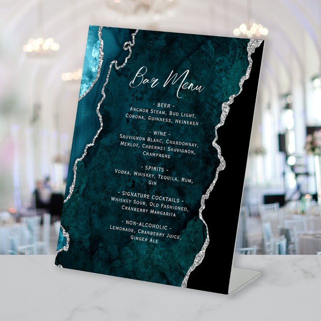Teal Blue Silver Agate Wedding Bar Menu Sockelschild (Von Creator hochgeladen)