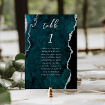 Teal Blue Silver Agate Wedding Tischnummer<br><div class="desc">This elegant modern wedding table number card features a teal blue watercolor agate background trimmed with faux silver glitter. The word "table" appears in silver gray handwriting script. Add the names of your guests who are assigned to each table.</div>